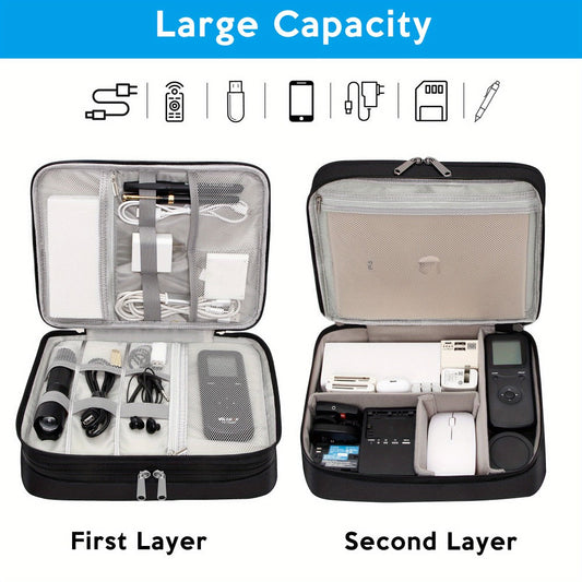 Cable Organizer Bag for Travel Double Layer – Water-Resistant Electronics Case with Removable Dividers | Cables, Chargers, Power Bank & Tablet, Grey & Black