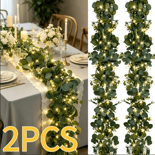 Lighted Eucalyptus Wreath Garland 6FT LED 2 Pack - Artificial Green Vine with Warm Lights for Wedding Centerpiece, Table Runner, Backdrop, Home & Seasonal Decor