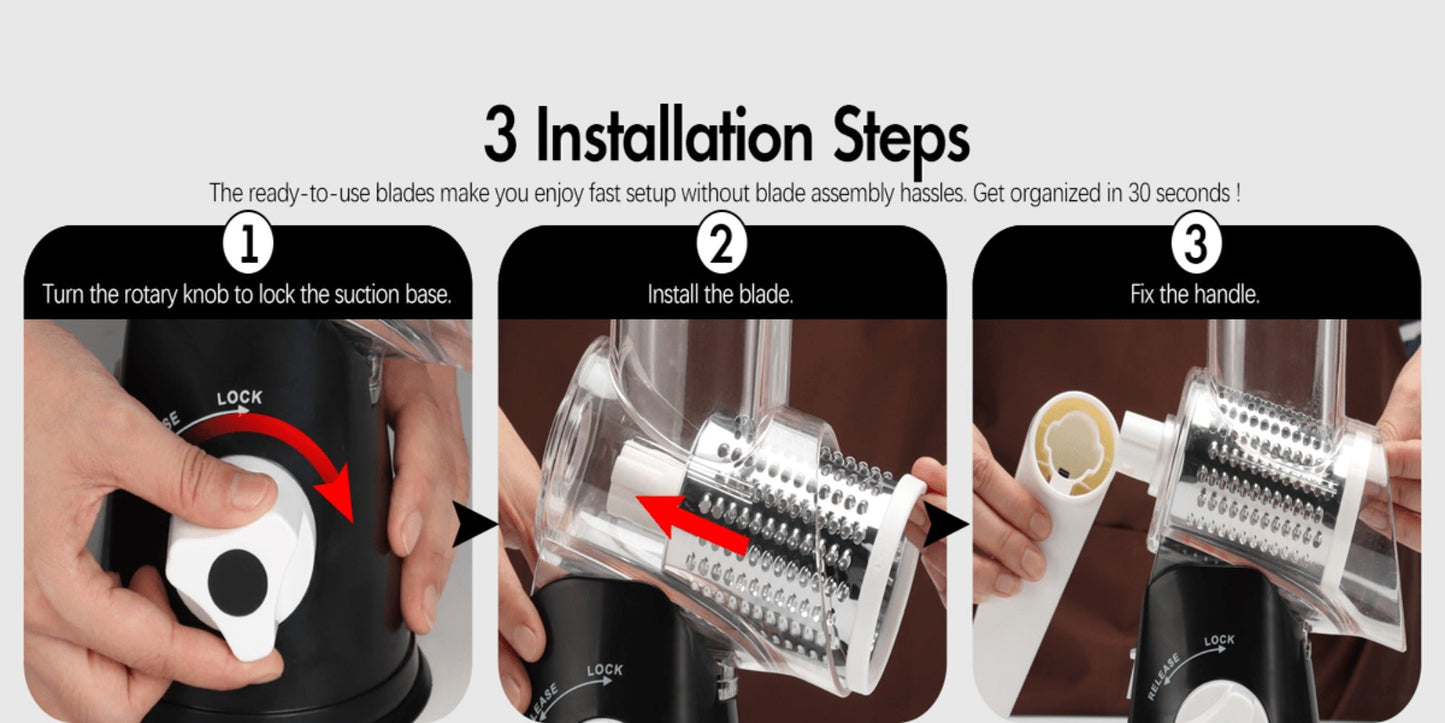 Rotary Cheese Grater – Stainless Steel Hand Crank Shredder with 3 Interchangeable Blades, Non-Slip Suction Base & Cleaning Brush, BPA-Free Vegetable Grater for Cheese, Nuts & Vegetables