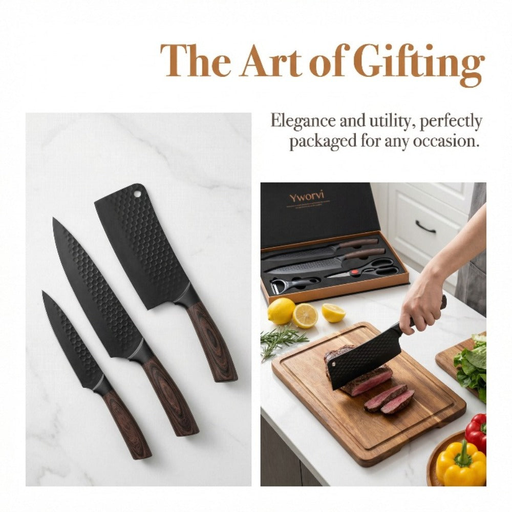Seven-Piece Kitchen Knife Set with Four Blades, Scissors, Peeler and Sharpener, Offered in Two Styles