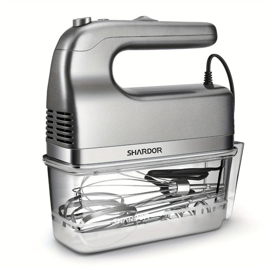 Electric Hand Mixer 250W with Storage Case – 5-Speed Plus Turbo Handheld Mixer with 5 Stainless Steel Attachments (2 Beaters, 2 Dough Hooks & 1 Whisk) – Kitchen Baking Mixer in Blue, Black, White & Silver