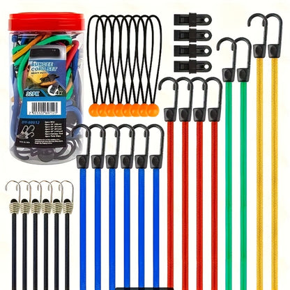 Bungee Cord Set 32 Pack Heavy Duty - Elastic Tie Down Cords in 10 18 24 40 Inch Lengths, 4 Sunshade Clips & 6 Ball Bungees, Mixed Color Outdoor Cargo Strapping Kit