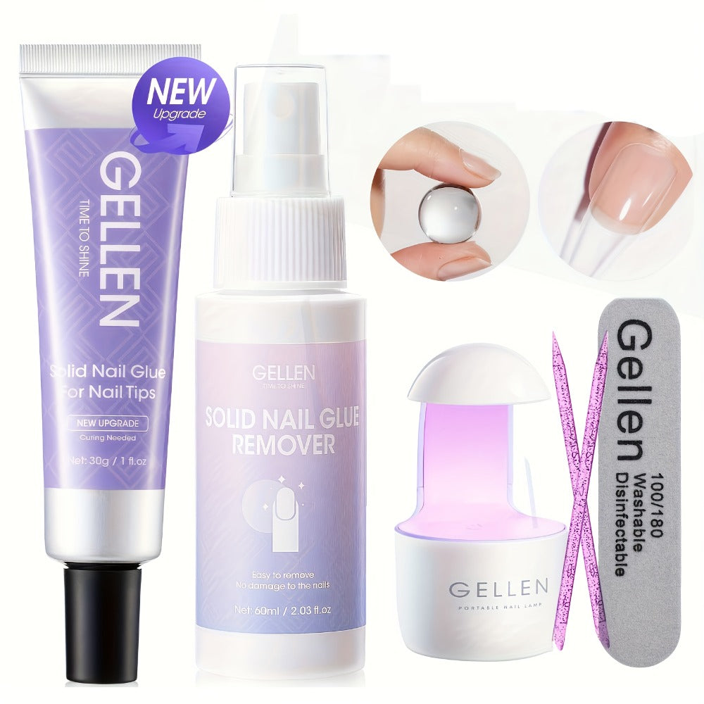 30 g Press-On Nail Glue Gel Kit with UV Lamp, 60 ml Remover and Buffer for Nail Tips and Rhinestones