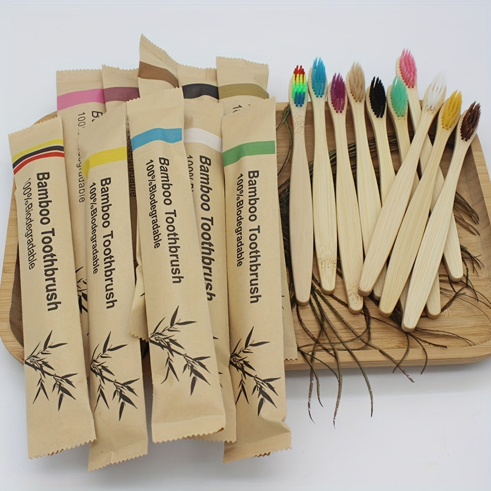 20-Piece Bamboo-Labeled Toothbrush Set with Individually Wrapped Handles and Mixed Bristle Colors
