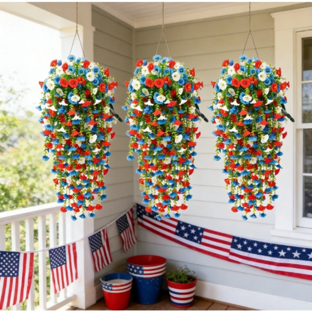 Artificial Flowers Six-Piece Hanging Morning Glory Vine Set in Red White and Blue for Seasonal Decor