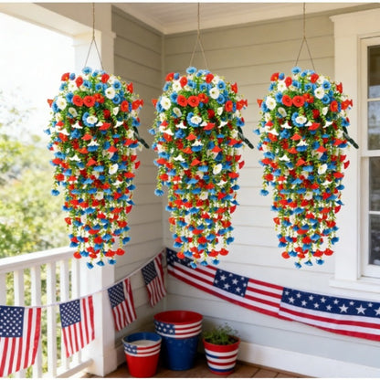 Artificial Flowers Six-Piece Hanging Morning Glory Vine Set in Red White and Blue for Seasonal Decor