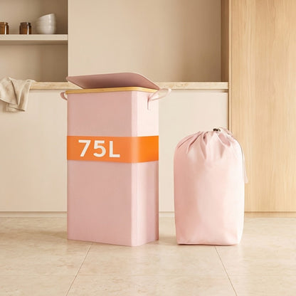 Slim Laundry Hamper with Lid & Removable Bag – Foldable Narrow Clothes Basket with Bamboo Handles for Bathroom, Bedroom & Dorm – 50L / 65L / 75L Space-Saving Collapsible Laundry Bin