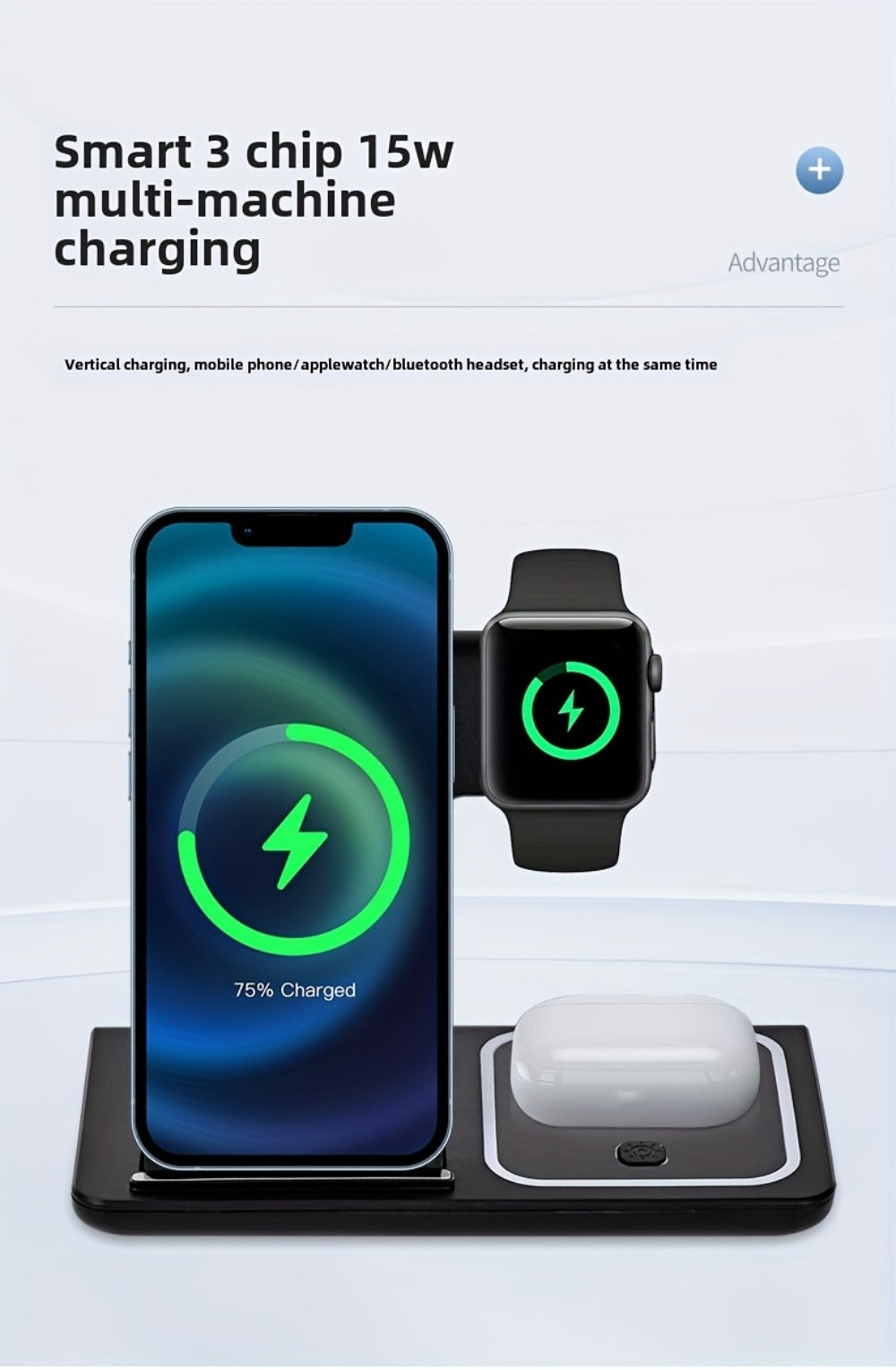 3-in-1 Wireless Charging Station with QC3.0 Adapter Included 15W Fast Charge – Upright Stand for iPhone 17/16/15/14/13/12/11, Apple Watch Ultra/Series 9/8/SE & AirPods | Black & White