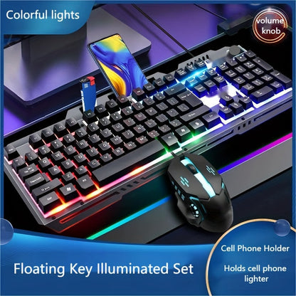 Gaming Keyboard Wired 104 Keys Full Metal Panel – LED Color Backlight, Multimedia Knob, Faux Mechanical Feel, USB, Ergonomic Design with Phone Holder | Keyboard or Keyboard & Mouse Combo