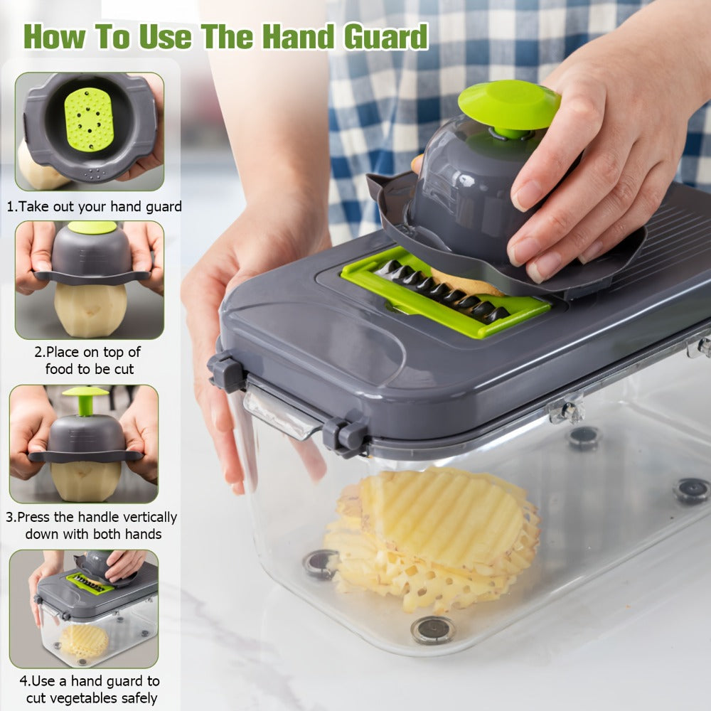 Green 25-in-1 Vegetable Chopper Set with Catch Container, Hand Guard and Interchangeable Cutting Inserts