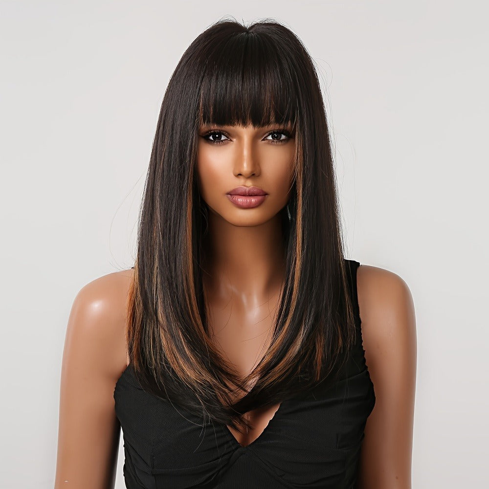Synthetic Wig 24-Inch Dark Brown Straight Headband Style with Bangs and No-Lace Glueless Cap