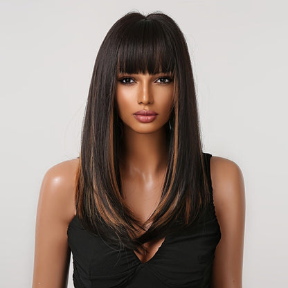 Synthetic Wig 24-Inch Dark Brown Straight Headband Style with Bangs and No-Lace Glueless Cap