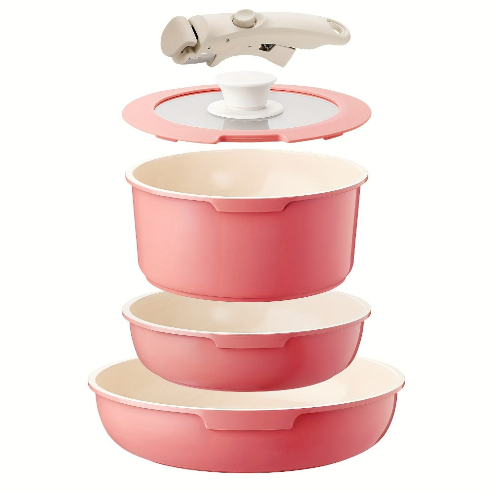 Nonstick Cookware Set 5-Piece Detachable Handle Aluminum Pots and Pans – Space-Saving Stackable Induction Compatible | 8 & 10 Inch Frying Pan Soup Pot Universal Lid | White Pink Beige Coral Pink