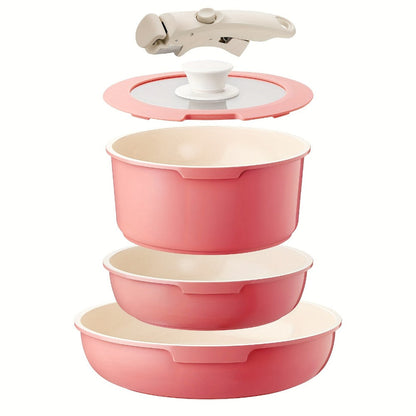Nonstick Cookware Set 5-Piece Detachable Handle Aluminum Pots and Pans – Space-Saving Stackable Induction Compatible | 8 & 10 Inch Frying Pan Soup Pot Universal Lid | White Pink Beige Coral Pink