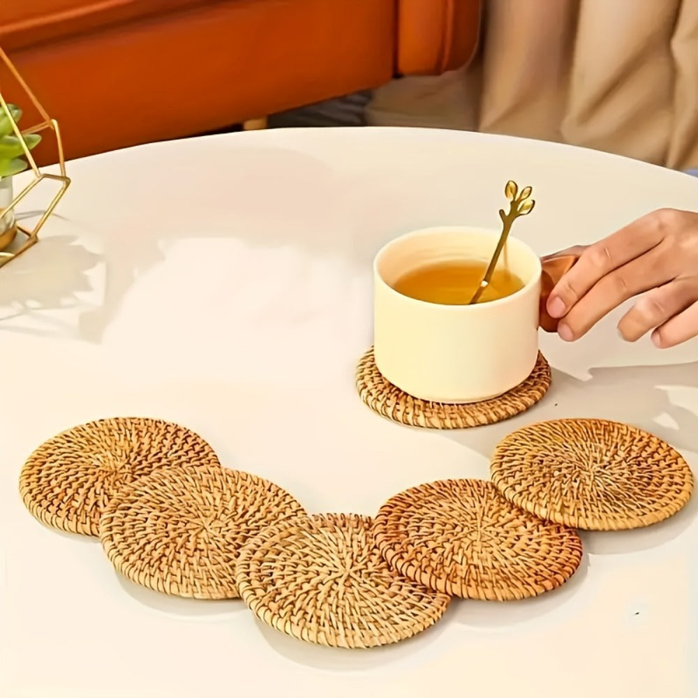 Six-Piece Round Rattan Woven Coaster Set, 3.93-Inch Drink Mats in Natural Khaki for Tabletop Display
