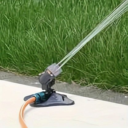 Gray 360-Degree Rotating Garden Sprinkler Head with Adjustable Dual Spray Bars and Pictured 9.84-Inch Base