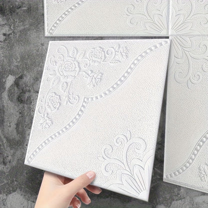 Fifty-Piece Embossed Floral-Curve Wall Tile Sticker Set with 35 cm Square Panels in Four Colors