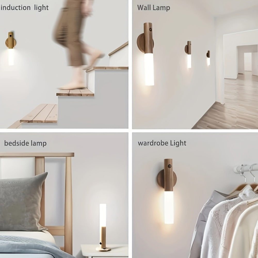 Night Light Motion Sensor Wall Lamp 2-Pack with USB Rechargeable Power, Magnetic Mount and Two Wood-Tone Finishes