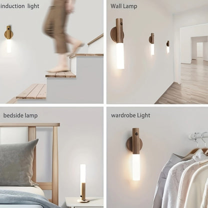 Night Light Motion Sensor Wall Lamp 2-Pack with USB Rechargeable Power, Magnetic Mount and Two Wood-Tone Finishes