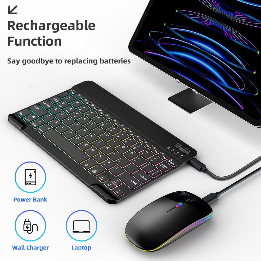 Wireless RGB Backlit Gaming Keyboard and Mouse Combo with Mouse Pad – 10-Inch Portable Keyboard Mouse Set for PC iOS Android Tablets | Rechargeable RGB Desk Setup Keyboard
