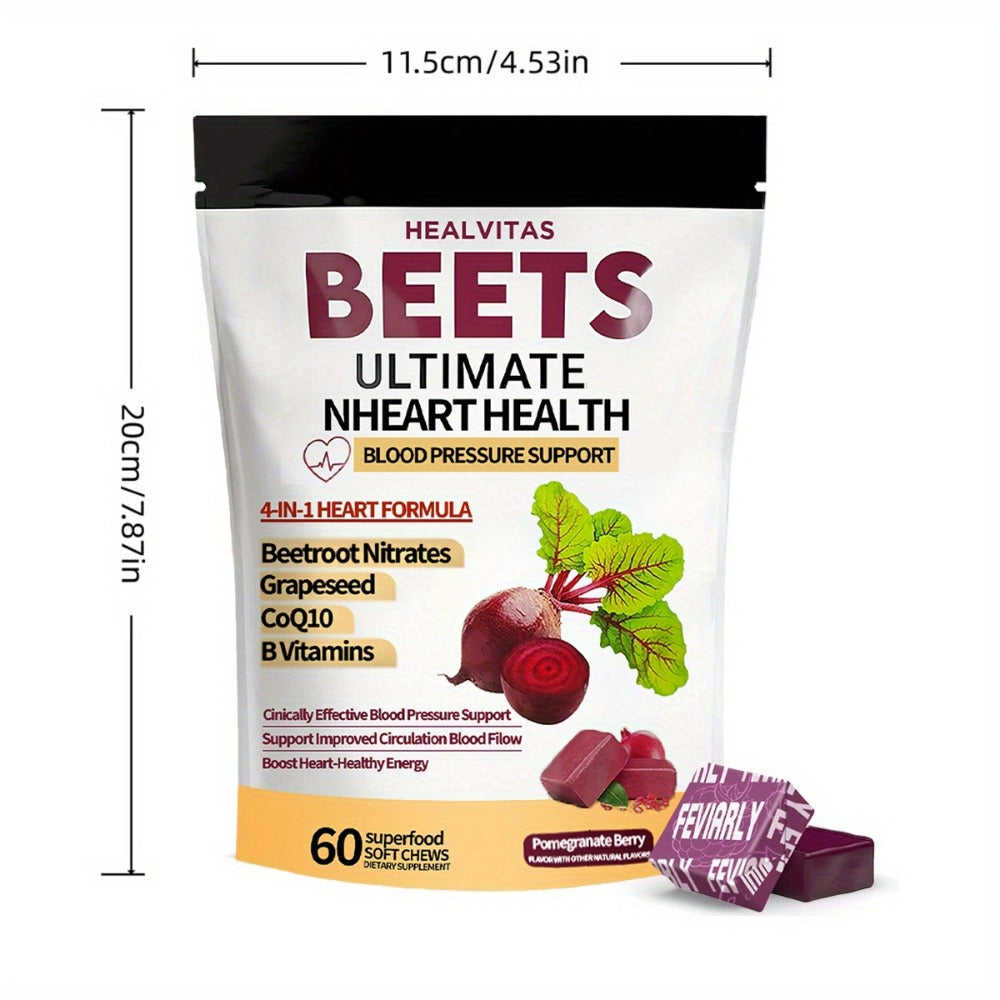 Beetroot Gummies with CoQ10, Grape Seed Extract & Multivitamins — Blood Pressure Support, Heart Health, Circulation & Antioxidant Defense, Chewable Beet Root Supplement for Women & Men, 60-120 Count