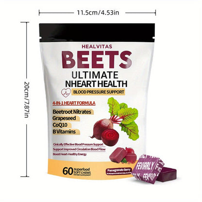 Beetroot Gummies with CoQ10, Grape Seed Extract & Multivitamins — Blood Pressure Support, Heart Health, Circulation & Antioxidant Defense, Chewable Beet Root Supplement for Women & Men, 60-120 Count