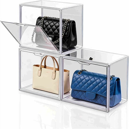 Three-Pack Clear Handbag Display Boxes with Front Magnetic Doors, Stackable Design and Exact Checkout Label