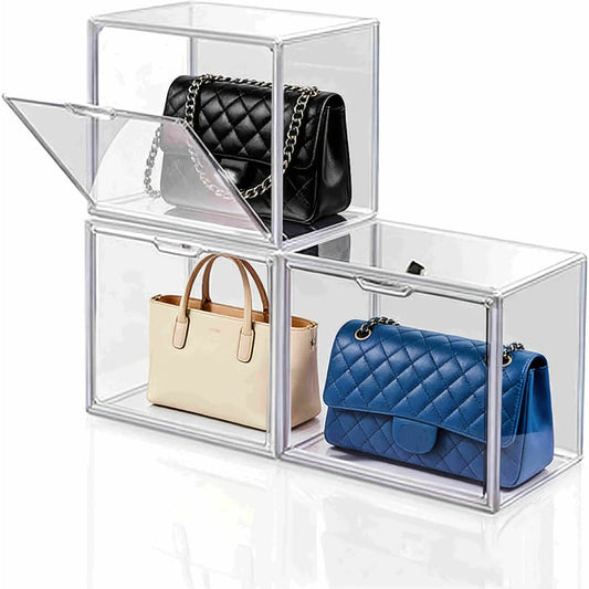 Clear Purse Organizer for Closet – Transparent Acrylic Handbag Display Case with Magnetic Door, Dustproof Stackable Storage Box for Purses, Bags, Collectibles & Cosmetics, Set of 3