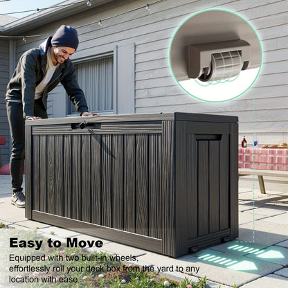 75-Gallon Outdoor Storage Deck Box with Hinged Lid, Side Grips, Small Wheels and Two Color Options