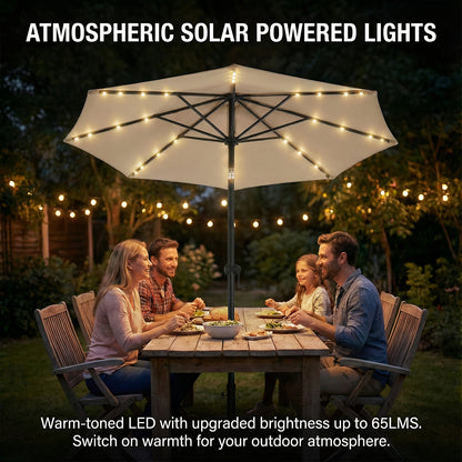 Patio Umbrella 9FT Solar LED Style with 32 Lights, Double Vent, Push Tilt, Crank and Eight Color Options