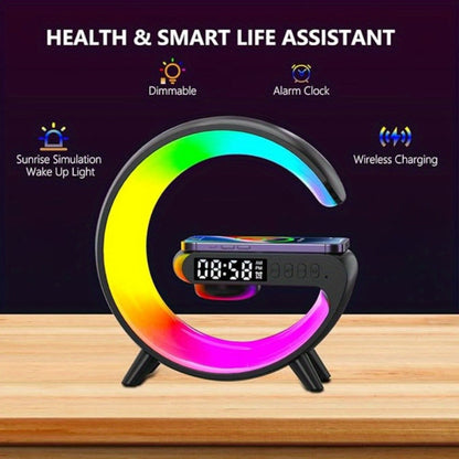 G-Shaped RGB Wireless Charging Lamp with Alarm Clock, Bluetooth Speaker and Black or White Finish