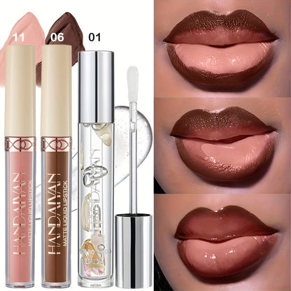 Three-Tube Lip Makeup Set with Clear Silver-Cap Tube and Coordinated Color Pair in Set A, B or C