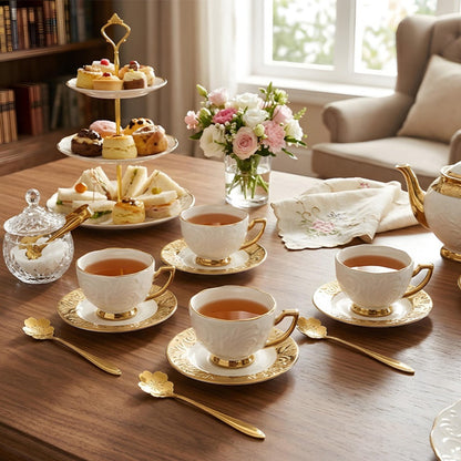 Espresso Cups Set 12 Pcs – 7.44 Oz Small Ceramic Cappuccino Cup Set with 6 Cups, 6 Trays & 6 Spoons – Elegant Coffee & Tea Cup Set with Handles – Perfect Gift for Coffee Lovers
