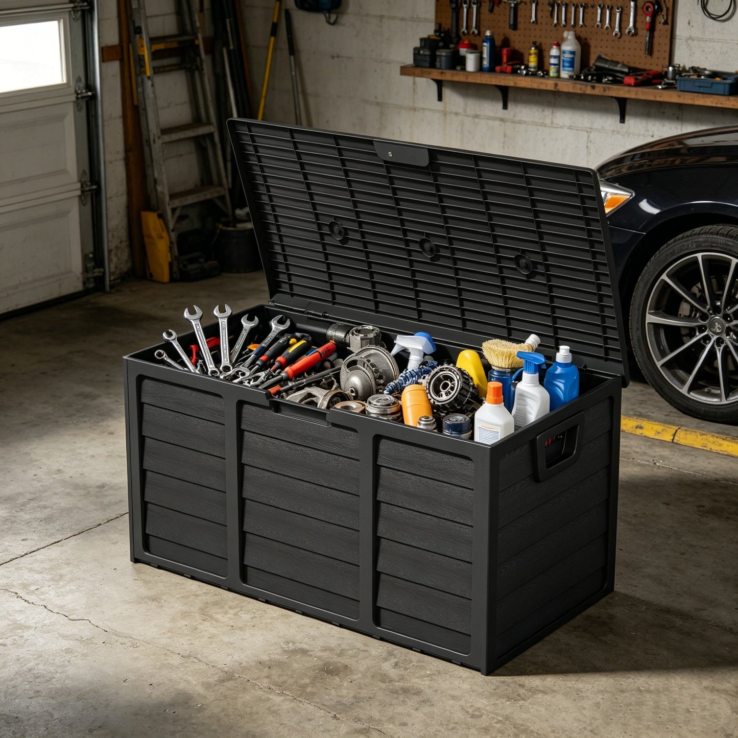 75-Gallon Pure Black Outdoor Storage Box with 44-Inch Pictured Width, Hinged Lid and Side Handles