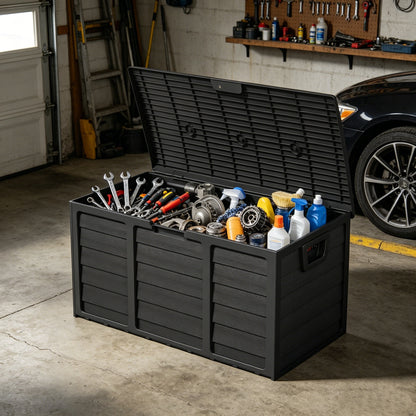 75-Gallon Pure Black Outdoor Storage Box with 44-Inch Pictured Width, Hinged Lid and Side Handles