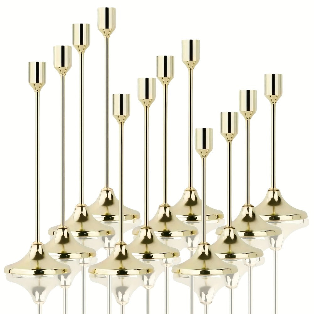 Candle Holder Set 12-Piece Metal Taper Stands in Three Heights with Gold, Silver or Black Finish Options