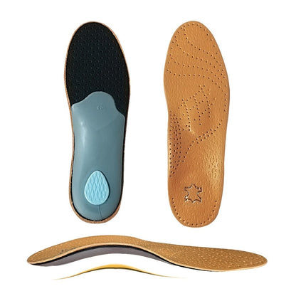 Brown Leather-Look Arch-Support Shoe Inserts with Blue Heel Cushion in Five Unisex Size Options