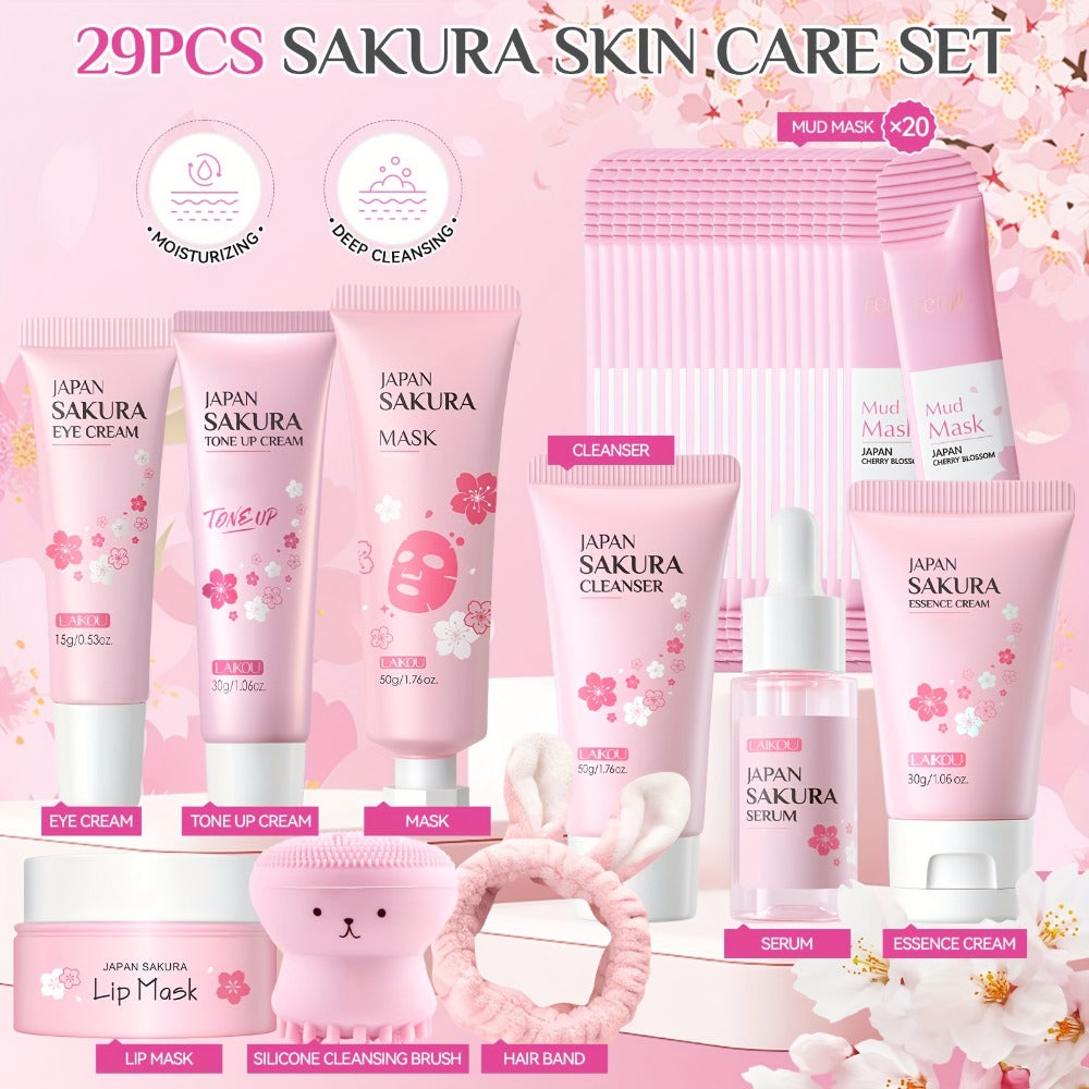 Cherry Blossom Sakura Skincare Gift Set Complete 9-Step Routine — Essence Cream Cleanser Toner Eye Cream Mud Mask Exfoliating Mask Eye Mask Lip Balm for Women Birthday Gift