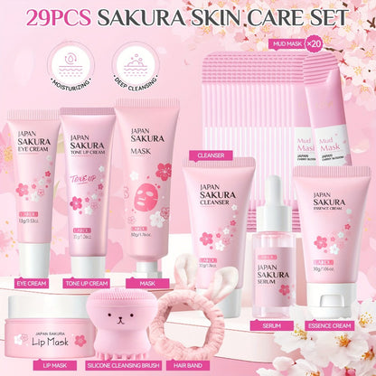 Cherry Blossom Sakura Skincare Gift Set Complete 9-Step Routine — Essence Cream Cleanser Toner Eye Cream Mud Mask Exfoliating Mask Eye Mask Lip Balm for Women Birthday Gift