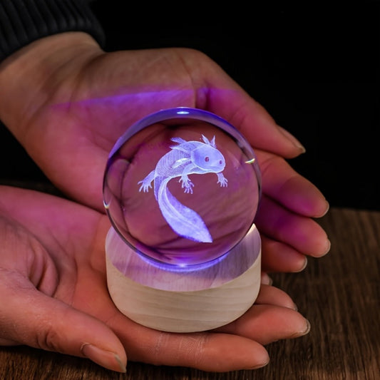 Night Light 2.36-Inch Axolotl Crystal Orb Lamp with Color-Changing LED, USB Power and Wood-Tone Round Base