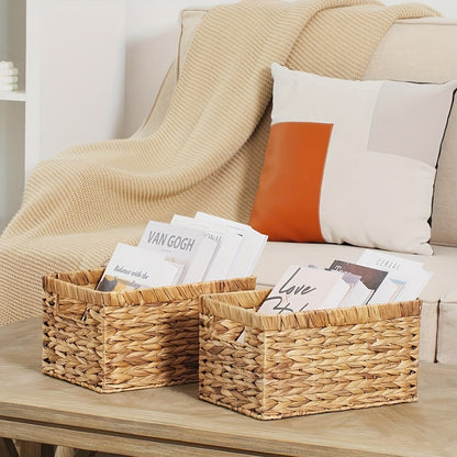 Wicker Storage Basket with Built-in Handle, Natural Rattan Boho Stackable Shelf Organizer Bin for Bathroom Bedroom Living Room Kitchen Closet Home Decor