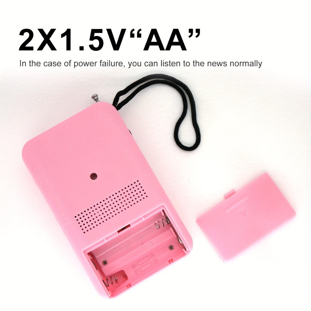 Pocket AM/FM Radio with Manual Tuner, Telescopic Antenna, Wrist Strap and Pink or Black Case