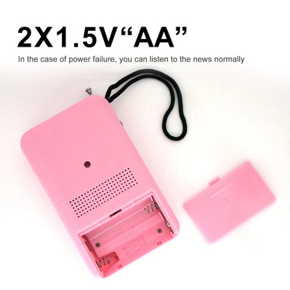 Pocket AM/FM Radio with Manual Tuner, Telescopic Antenna, Wrist Strap and Pink or Black Case