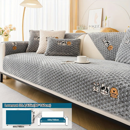 Sofa Cover, Honeycomb Velvet Animal-Embroidered Couch Pad with Non-Slip Backing in Three Colors