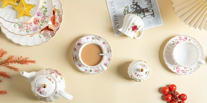 Floral Porcelain-Style Tea Service Set for Six in Five Coral, Peach, Rose, Peony or Spring Designs