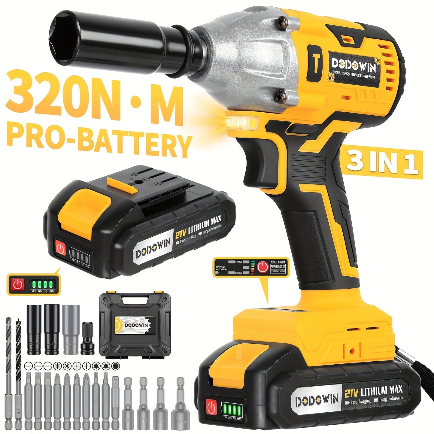 High Torque Impact Wrench Kit 320NM / 1000NM Brushless Cordless – 21V with 2.0AH / 4.0AH Batteries, Quick Charger, 6 Sockets & Full Accessories, Electric Impact Gun for Car Repair, Auto Mechanic & Home Use