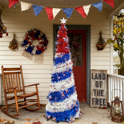4th of July Patriotic Decoration Tree 5ft, Foldable LED Light String with Red White Blue Stars & Stripes