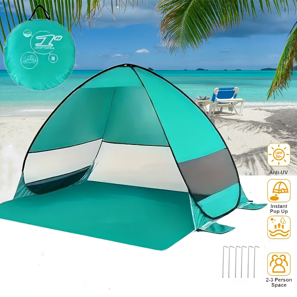 Pop-Up Beach Sun Shelter with 200 x 165 x 130 cm Interior, Six Stakes and Green or Blue Options