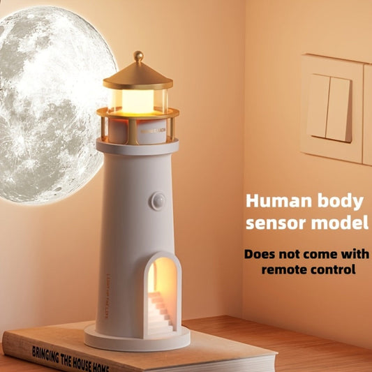 Moon Lighthouse Projector Night Light – Motion Sensor LED Lamp with USB Charging, Always-On Mode, Moonlight Ocean Projection, Decorative Ambient Light & Unique Gift for Home Bedroom Decor