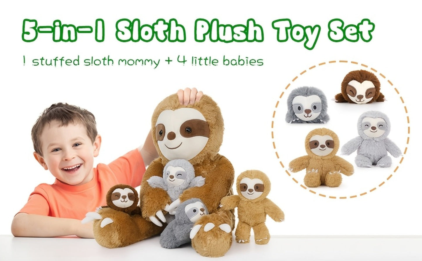 Stuffed Animal Sloth Five-Piece Set with One 22-Inch Large Sloth and Four Smaller Toys for Gifting